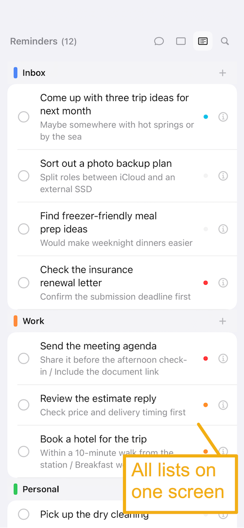 See sorted lists on a single screen