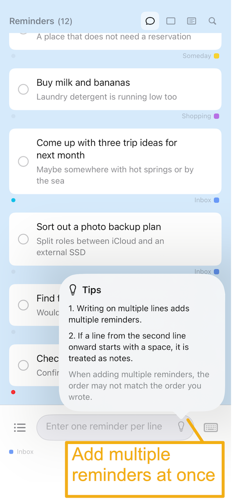 Add multiple lines at once, easy to paste from other apps